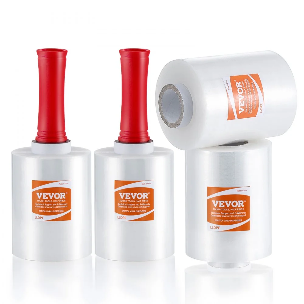 VEVOR Stretch Film, 5 inches x 1000 feet, 4 Pack, 80 Gauge Industrial Strength Clear Durable Stretch Wrap Roll, Heavy Duty Shrink Film Stretch Wrap with Handles for Pallet Wrapping Shipping Moving