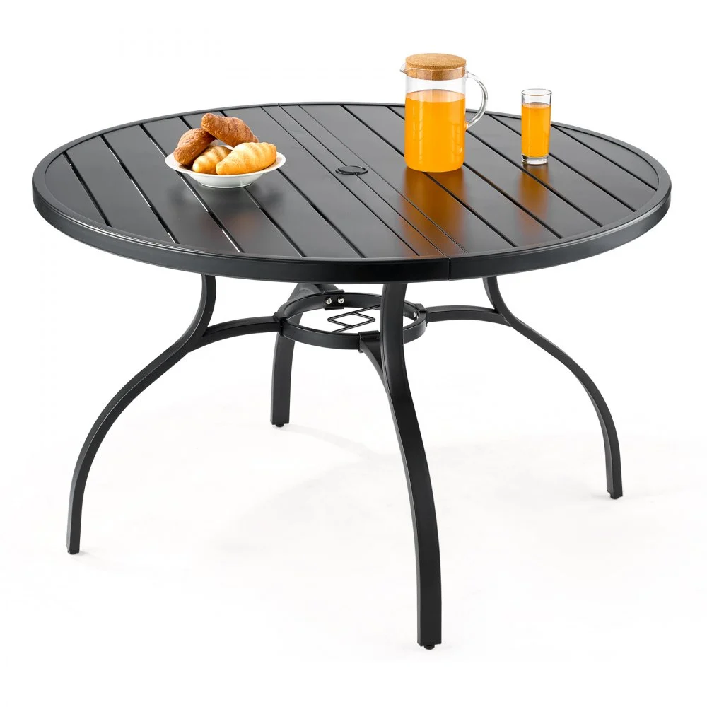 VEVOR Outdoor Patio Dining Table, 47 inch Round Metal Steel Slat Backyard Bistro Tables, with 1.5 in Umbrella Hole, Outside All-Weather Large Furniture for Lawn Garden Porch, Black