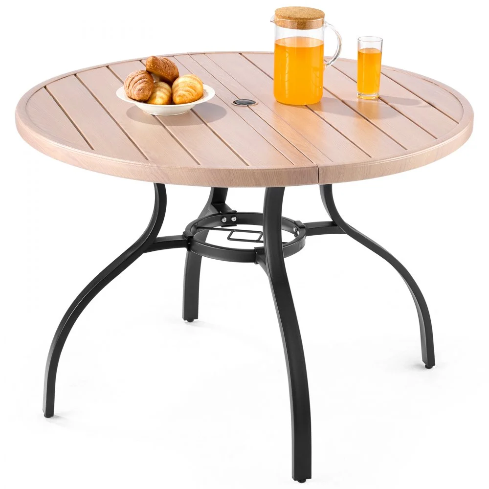 VEVOR Outdoor Patio Dining Table, 41 inch Round Wood-Like Steel Slat Backyard Bistro Coffee Tables for 4, with 1.5 in Umbrella Hole, Outside All-Weather Large Furniture for Lawn Garden Porch, Gray