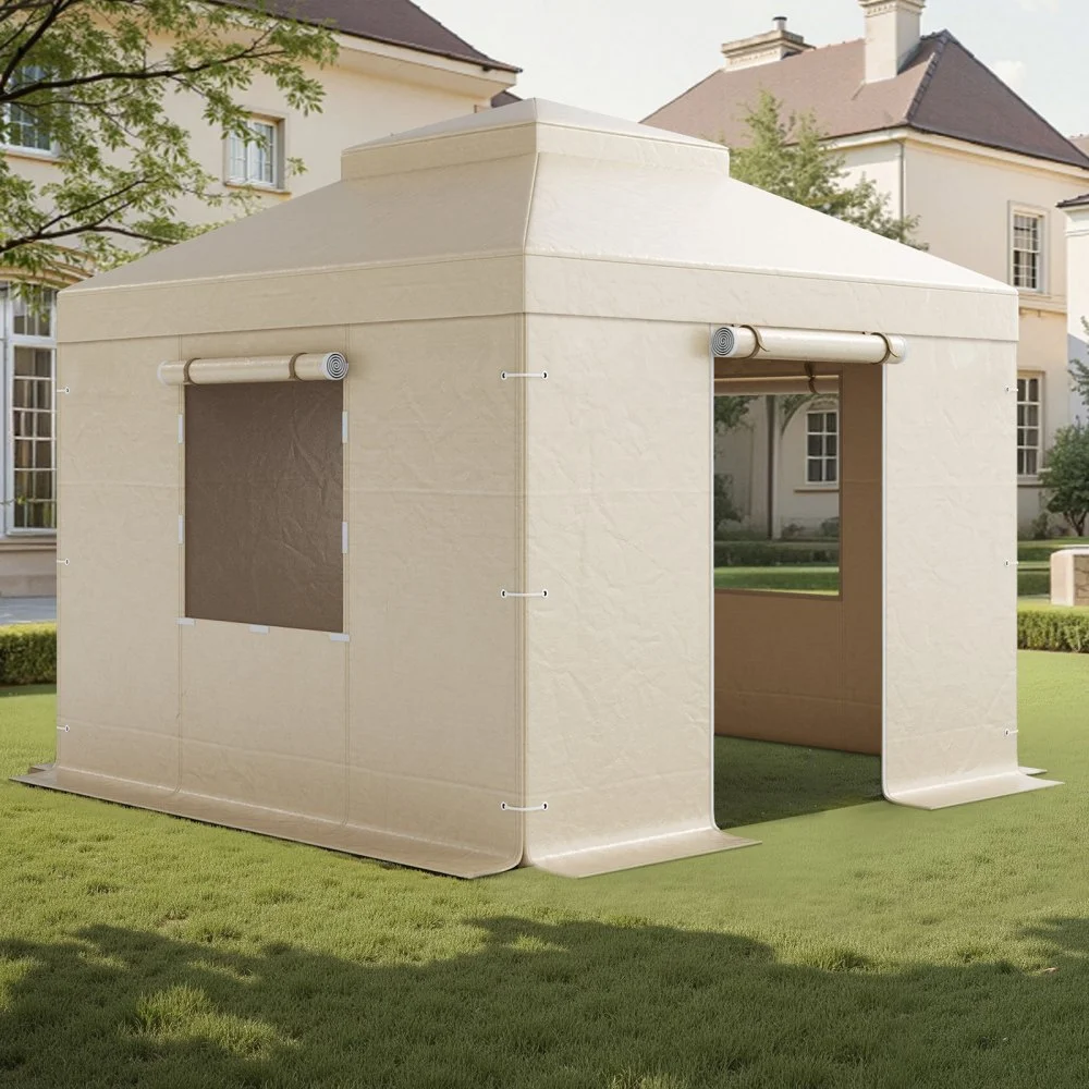 VEVOR Winter Gazebo Cover Fits 10 x 10 ft Hardtop Gazebos, All-Weather Double-Tiered Gazebo Cover with Sidewalls & Mesh Windows, High-Density PE Enclosed Storage Shelter Covers, Gazebos not Included