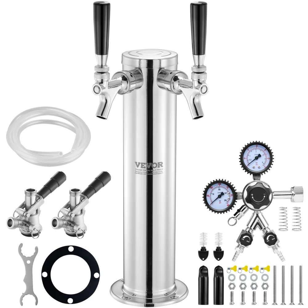 VEVOR Kegerator Tower Kit, Dual Taps Beer Conversion Kit, Stainless Steel Keg Beer Tower Dispenser with Dual Gauge CGA320 Regulator & D-System Keg Coupler, Self-Closing Spring for Party Bar Home