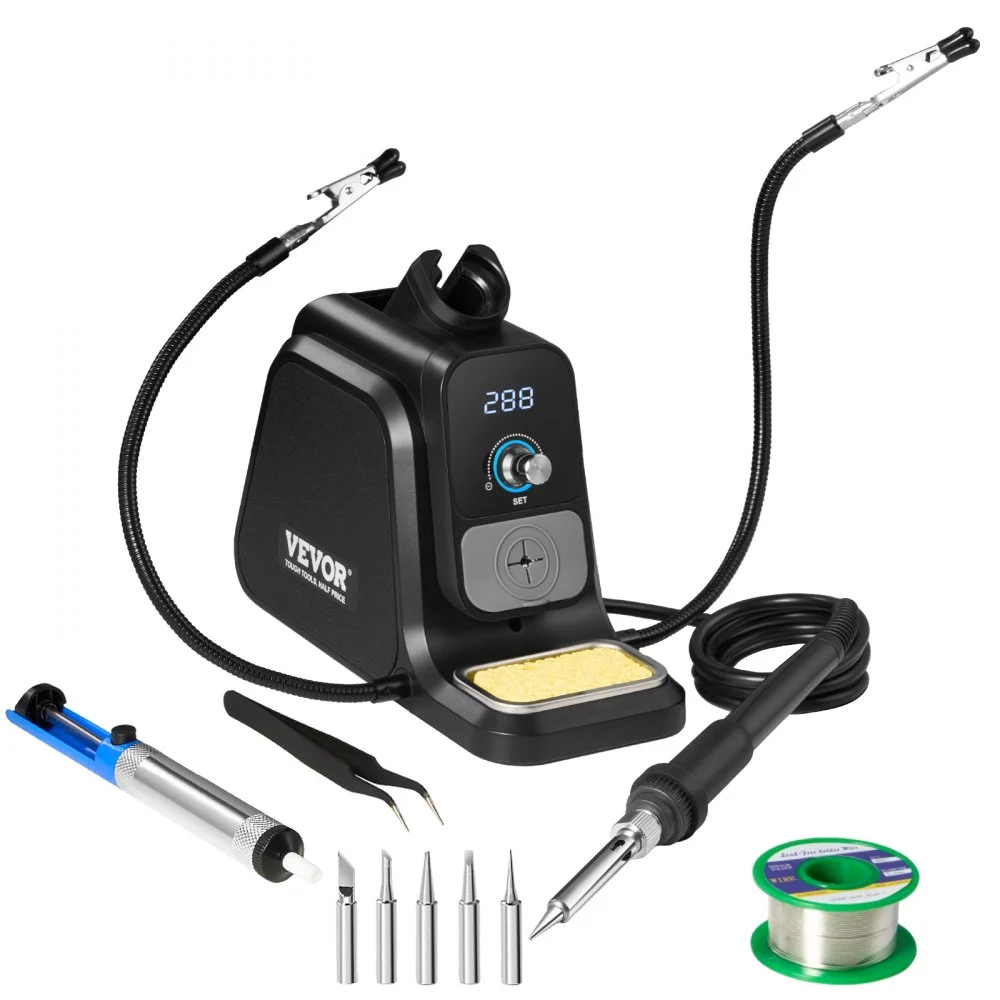 VEVOR Soldering Iron Station, 80W Digital Display Soldering Station Kit with 2 Helping Hands, 5 Soldering Tips, 30g Solder Wire, Solder Sucker, Tweezer, Auto Standby & Sleep Mode, °C/°F Conversion