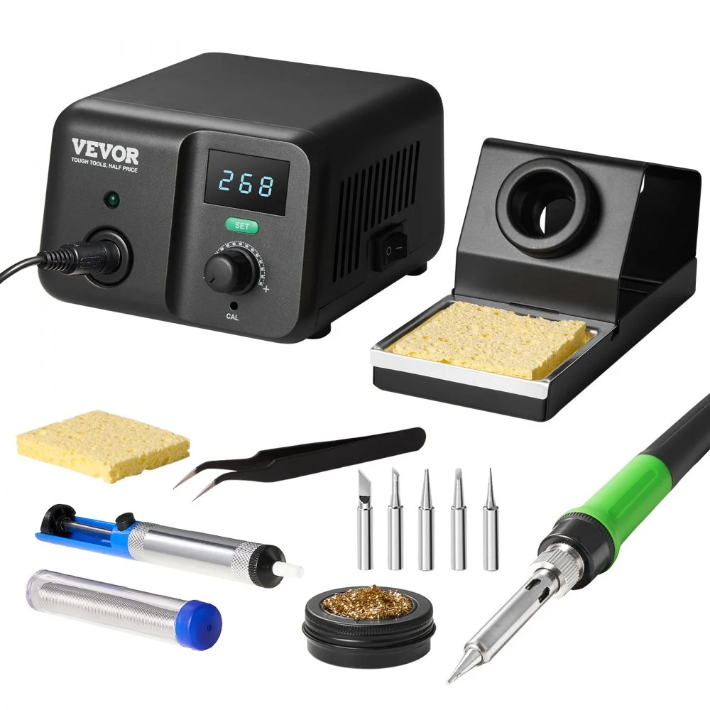 VEVOR Soldering Iron Station, 70W Digital Display Soldering Station Kit, 122°F- 932°F Temp Control & Built-in Transformer, Auto Standby & Sleep Mode, with 5 Soldering Tips, 10g Solder Wire, Tweezers