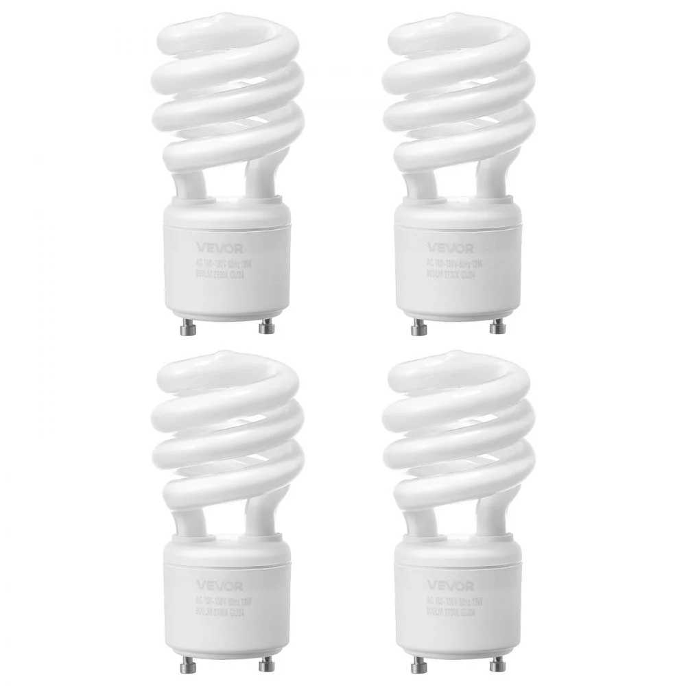 VEVOR 4-Pack CFL Light Bulbs, 13W Compact Fluorescent Spiral Bulbs with 2700K Warm Light, 900lm Luminous Flux, Twist and Lock GU24 Base, Ideal for Bedrooms, Study Rooms, Living Rooms, Commercial Use
