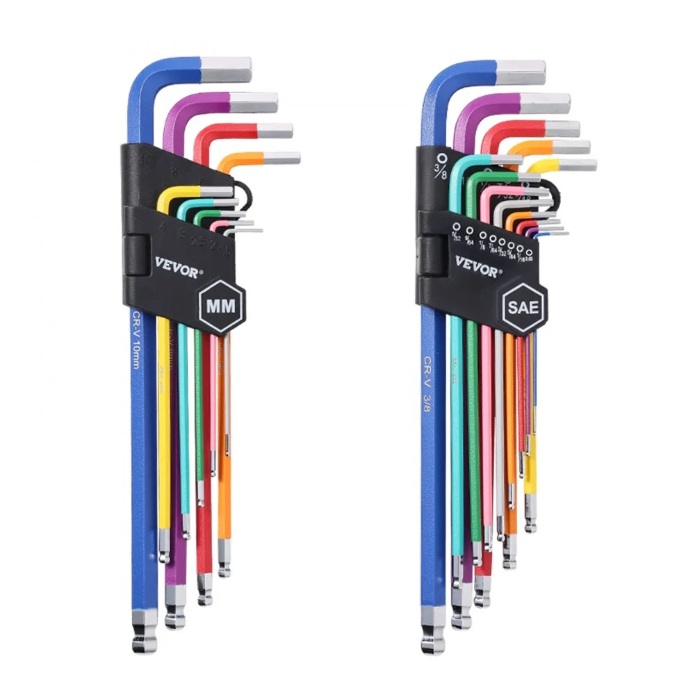 VEVOR Hex Key Allen Wrench Set, 22 pcs SAE (0.050-3/8 in) and Metric (1.5-10 mm), Color Coding Allen Wrenches Sets with Ball End, Long Arm L-Shaped Hex Key for Bicycle, Household, Automobile Repair