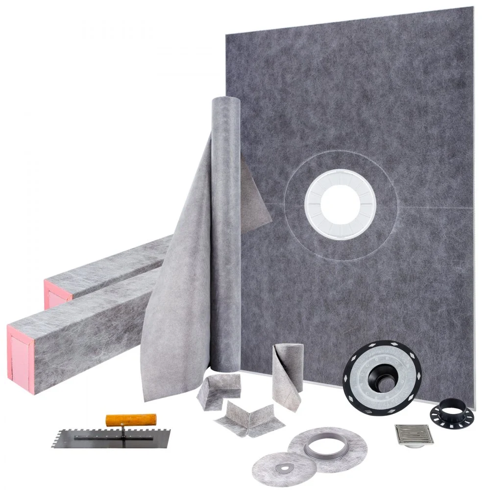 VEVOR Shower Curb Kit, 38"x60" Watertight Shower Curb Overlay with 4" ABS Central Bonding Flange, 4" Stainless Steel Grate, 2 Cuttable Shower Curb and Trowel, Shower Pan Slope Sticks Fit for Bathr