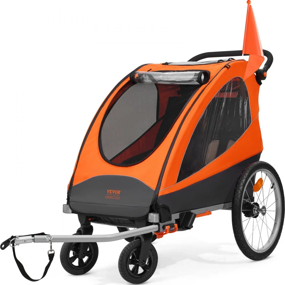 VEVOR Bike Trailer for Toddlers, Kids, Double Seat, 100 lbs Load, 2-In-1 Canopy Carrier Converts to Stroller, Tow Behind Foldable Child Bicycle Trailer with Universal Bicycle Coupler, Orange and Gray