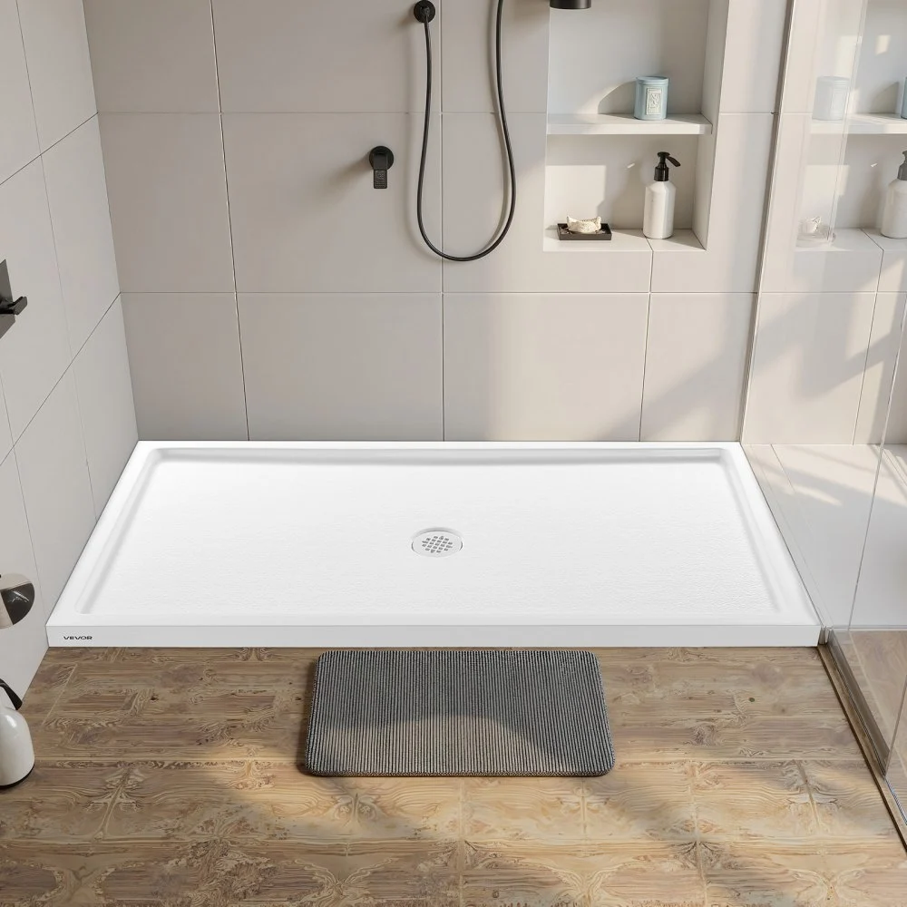 VEVOR Shower Pan, 60″ L x 32″ W Single Threshold Shower Base, Rectangle Acrylic & PVC Showering Base in White, Slip-Resistant Showering Pan Bases with Drain & Cover for Bathroom, Center Drain Location