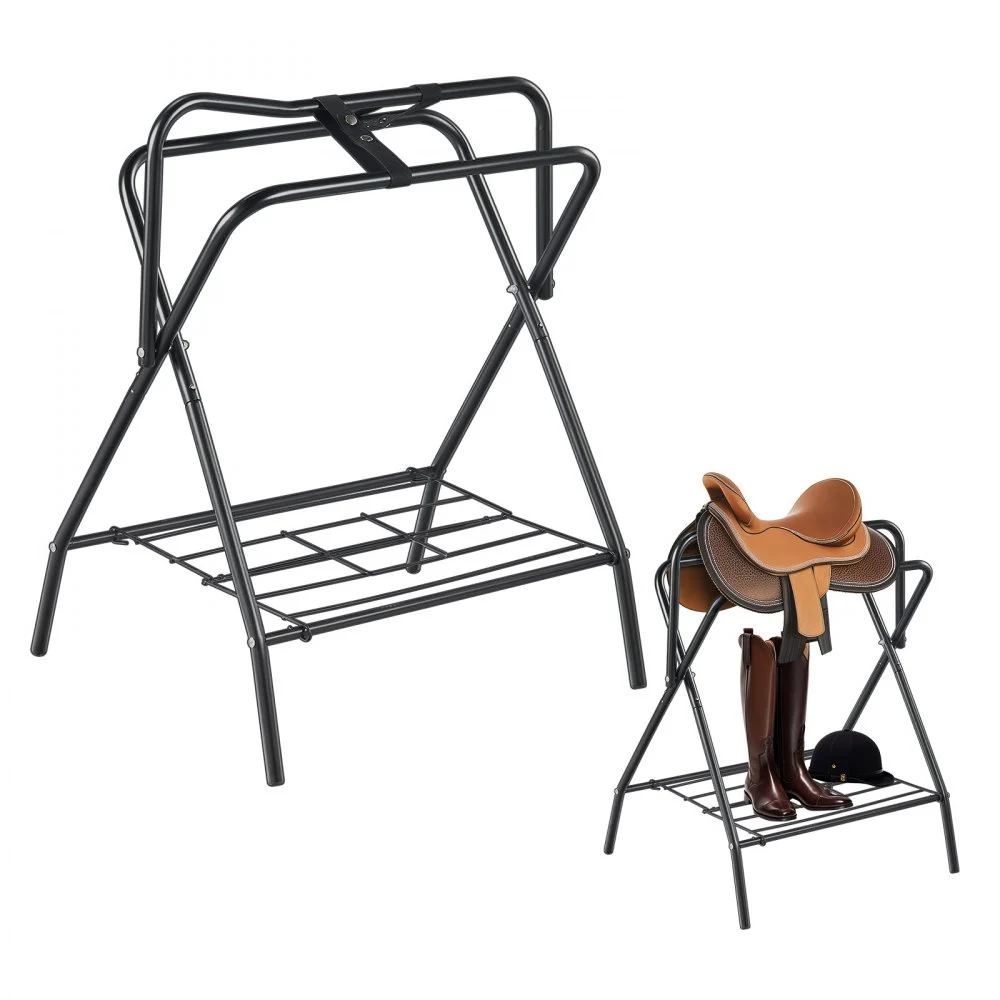 VEVOR Folding Saddle Rack, 28 x 19 x 37.5 in, 2 Packs Freestanding Horse Saddle Stand, Portable Horse Blanket Holder, Heavy Duty Steel Saddle Rack for English & Western Saddles, Tack Storage, Black