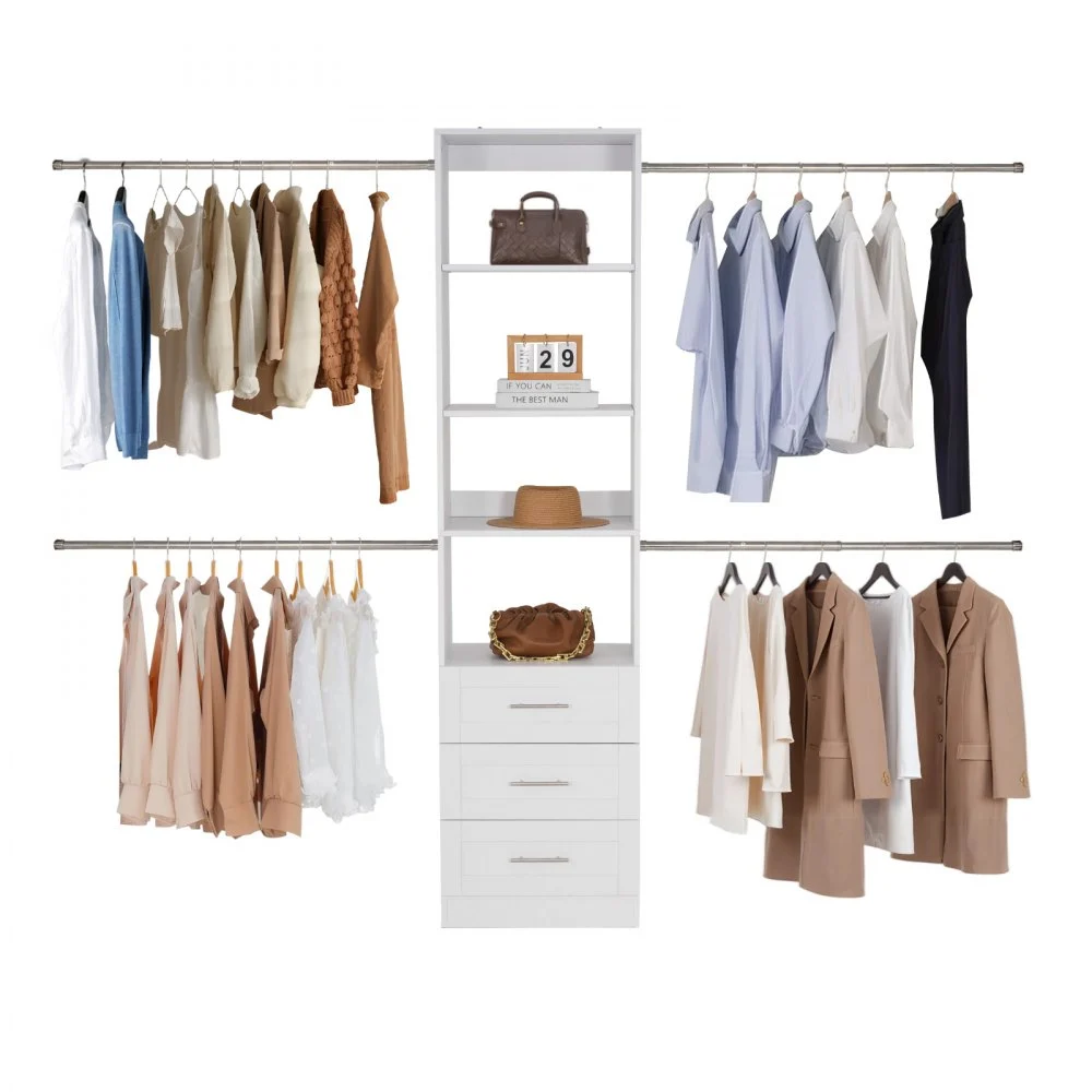 VEVOR Closet System with 3 Drawers, Adjustable Height Wooden Closet Organizers, Modern Walk-in Wardrobe Organization with 4 Retractable Clothes Hanger Rods, Freestanding Garment Rack Storage, White