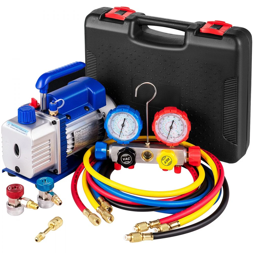 VEVOR Suction Pump 4.8CFM 1/4 HP Single Stage for HVAC A/C Cooling Systems, 5PA Ultimate Vacuum, Manifold Gauge Kit R410A R134A R22, Includes 4-Way Gauge & Hose