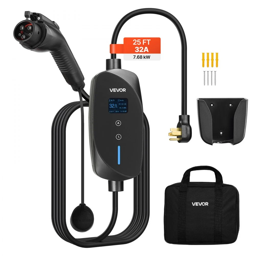 VEVOR Level 2 EV Charger, 32 Amp Adjustable Current, 240V Electric Vehicle Portable Charger with 25 ft Charging Cable, NEMA 14-50P Plug, LCD Display, Plug-in Home Car Charging Station for SAE J1772 EV