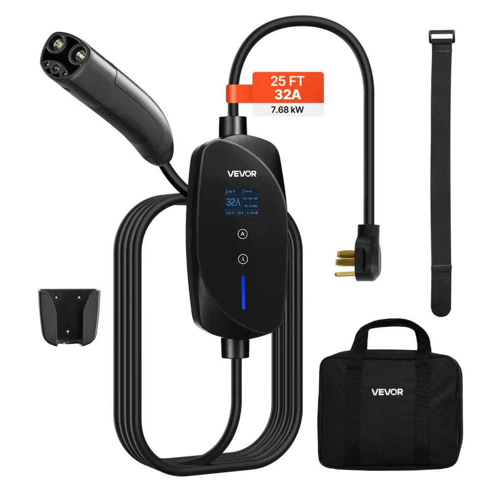 VEVOR Level 2 Tesla Charger, 32 Amp Adjustable Current, 240V Portable Home Electric Car EV Charger with 25 ft Charging Cable, NEMA 14-50P Plug, LCD Display, NACS Connector, for Tesla Model Y/X/3/S