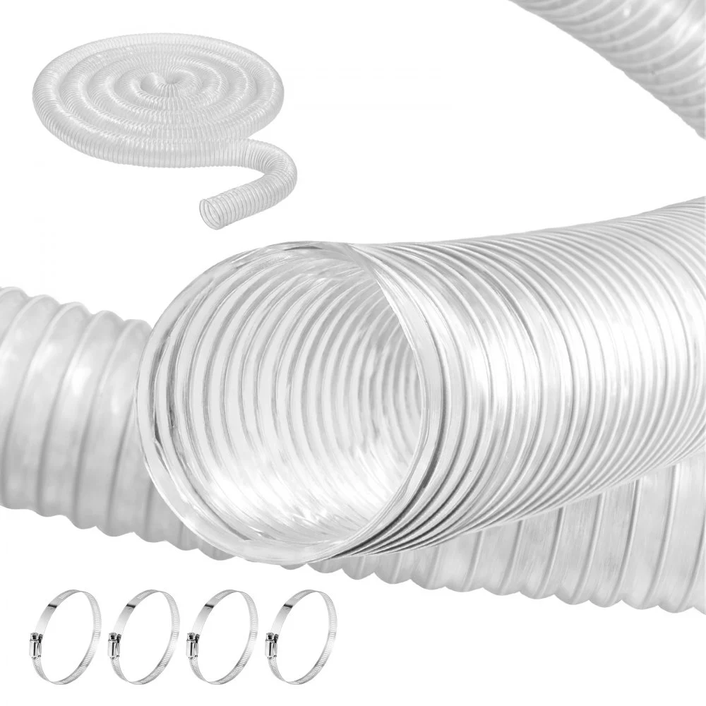 VEVOR Dust Collection Hose, 2.5'' x 20', Thickened PVC Material Puncture-Resistant Flexible Clear Hose with Carbon Steel Wire Coil 4 x 304 Stainless Clamps, for Table Saw, Band Saw, Planer, Jointer
