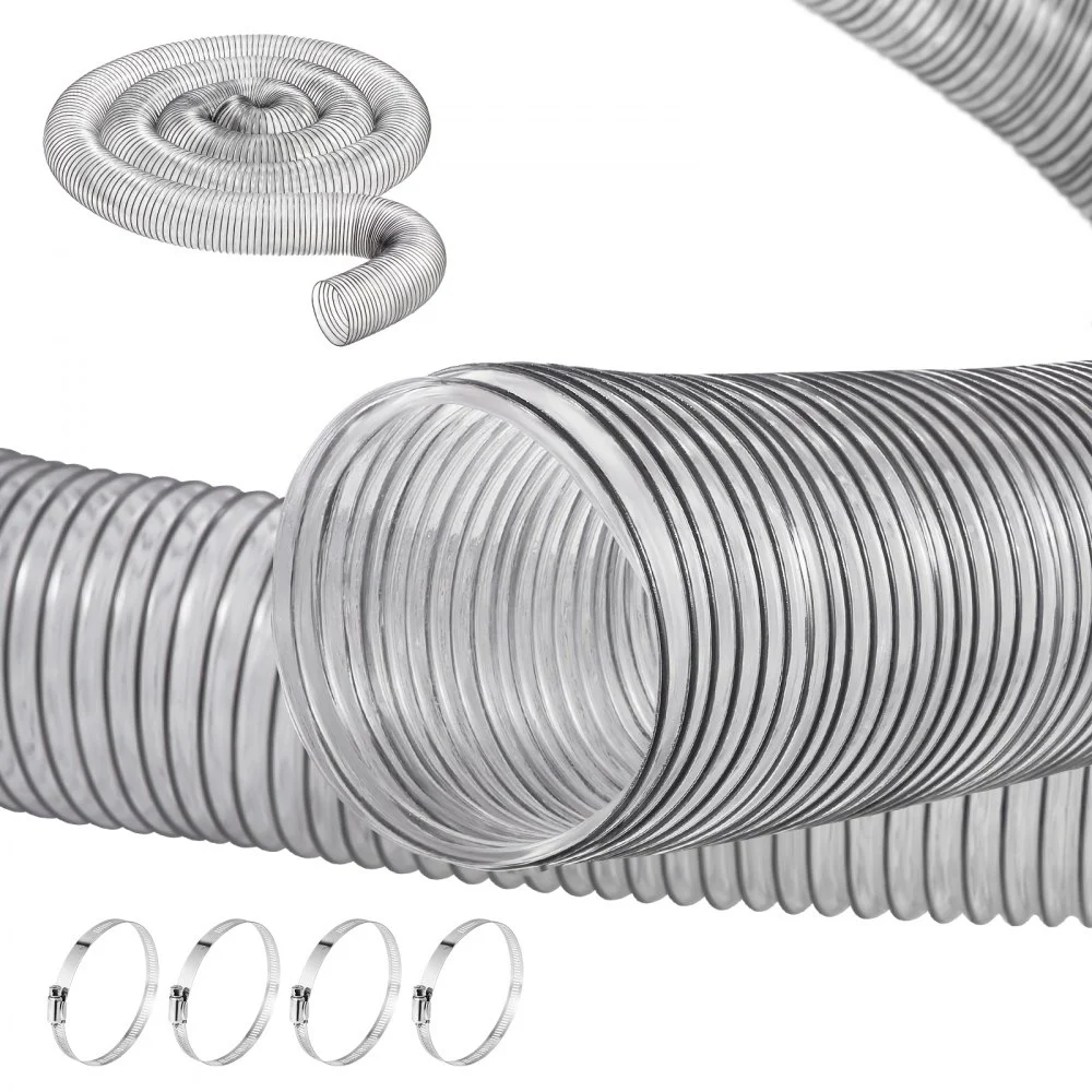 VEVOR Dust Collection Hose, 4'' x 20', Thickened PVC Material Puncture-Resistant Flexible Clear Hose with Carbon Steel Wire Coil 4 x 304 Stainless Clamps, for Table Saw, Band Saw, Planer, Jointer