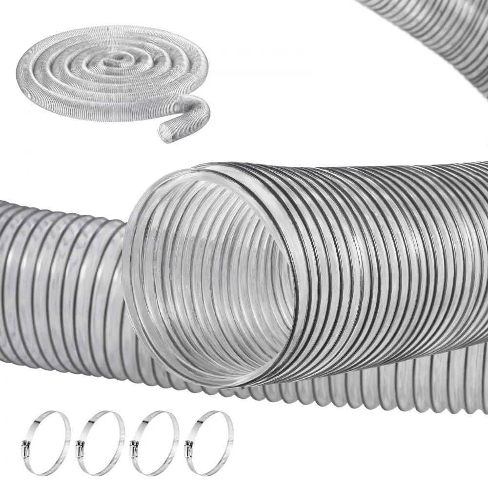 VEVOR Dust Collection Hose, 4'' x 50', Thickened PVC Material Puncture-Resistant Flexible Clear Hose with Carbon Steel Wire Coil 4 x 304 Stainless Clamps, for Table Saw, Band Saw, Planer, Jointer
