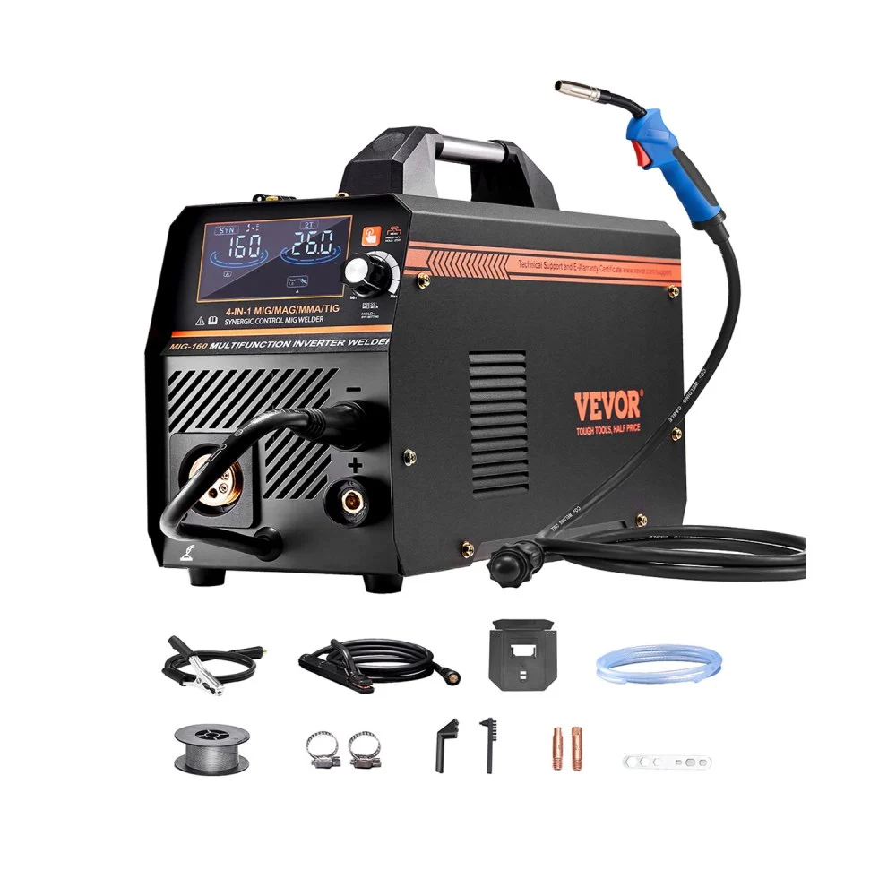 VEVOR MIG Welder, 160A Synergic Mig Welding Machine, 4-in-1 Gas MIG/Flux Core MIG/Stick/Lift TIG Multi-Process Welder Machine, 110V/220V Dual Voltage Mig Welder with IGBT Inverter & LCD Screen Display
