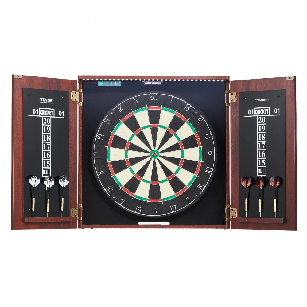 VEVOR Dartboard and Cabinet Set, Ready-to-Play Bundle Official Size Dartboard Cabinet, Steel Tip Dart Hideaway Cabinet, Features LED Light, Easy Assembly, Complete with All Accessory, for Cricket Game