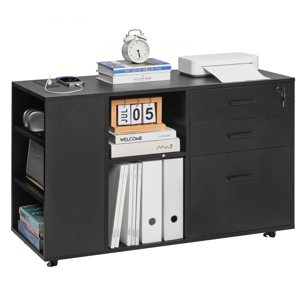 VEVOR 3 Drawer Wooden File Cabinet, Mobile Filing Cabinet with Power Strip, Lockable Rolling File Storage with Adjustable Shelves & 5 Wheels, Floor Standing Printer Stand for Home Office School, Black