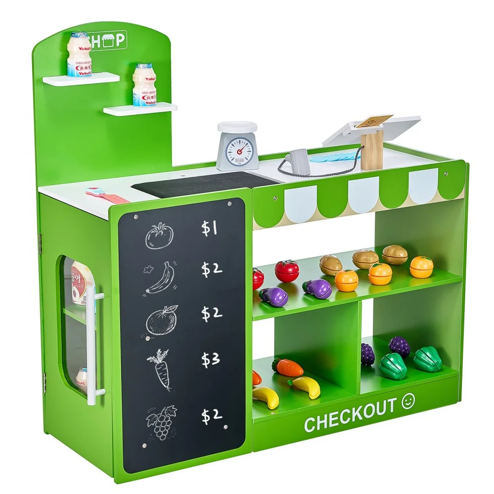 VEVOR Kids Grocery Store Playset, Wooden Play Market Stand with Shopping Bag, Kids Supermarket Pretend Play Store with Conveyor Belt, Scanner, Cash Register, Realistic Scale, Gift for Boys & Girls