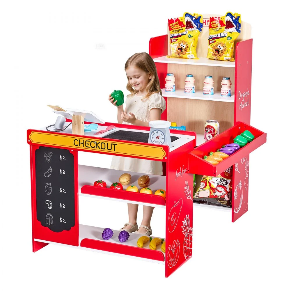 VEVOR Kids Grocery Store Playset, Wooden Play Store with Shopping Bag, Kids Supermarket Pretend Play Toy Set with Conveyor Belt, Scanner, Cash Register, Realistic Scale, Gift for Boys & Girls