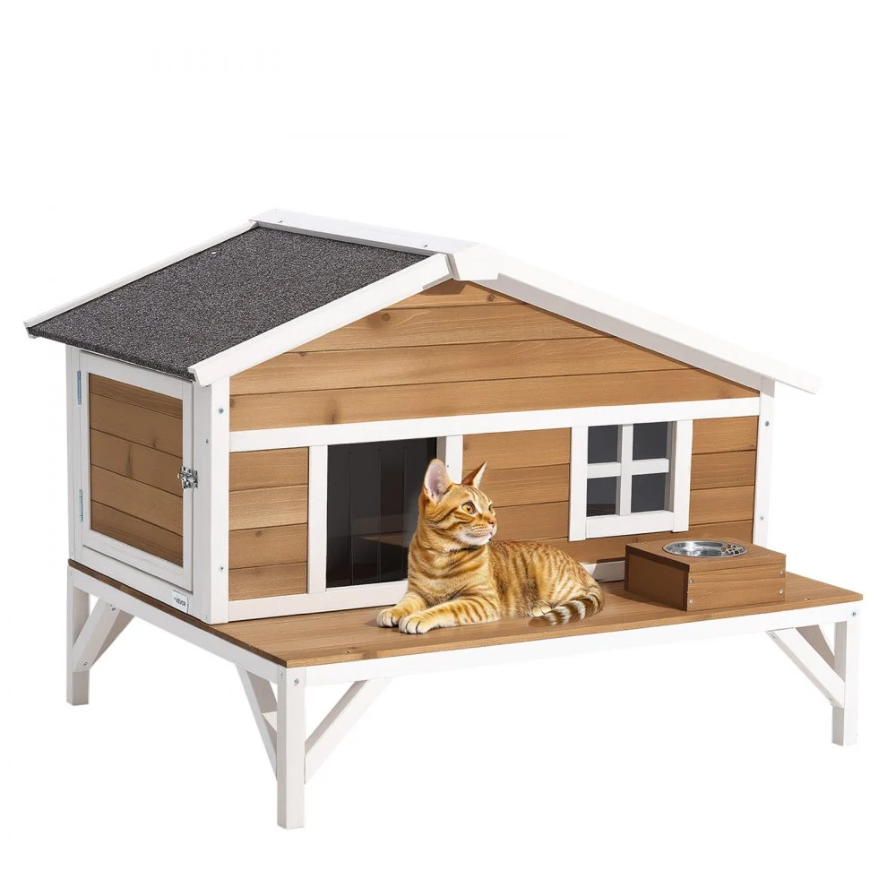 VEVOR Insulated Cat House, All-Around Foam Insulation Elevated Cat Shelter, Wooden Feral Kitty Shelter with Large Platform, Waterproof Cats Condos for Indoor & Outdoor Cats in Winter 43.5x33.5x31 in