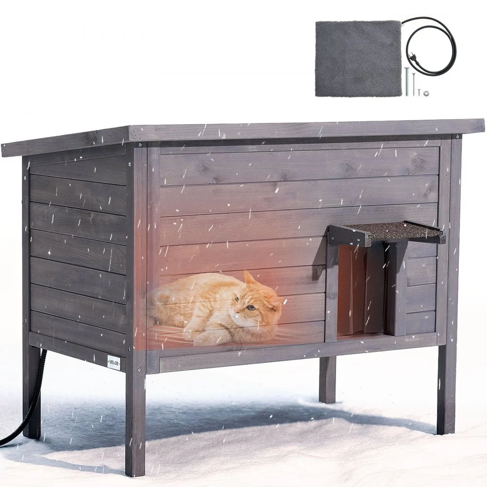 VEVOR Heated Cat House, Insulated Wooden Cat House for Outdoor Cats, Waterproof Feral Kitty Shelter with Heating Pad, PVC Flap Door & Openable Asphalt Roof for 1-3 Cats in Winter, 34 x 21 x 27 in