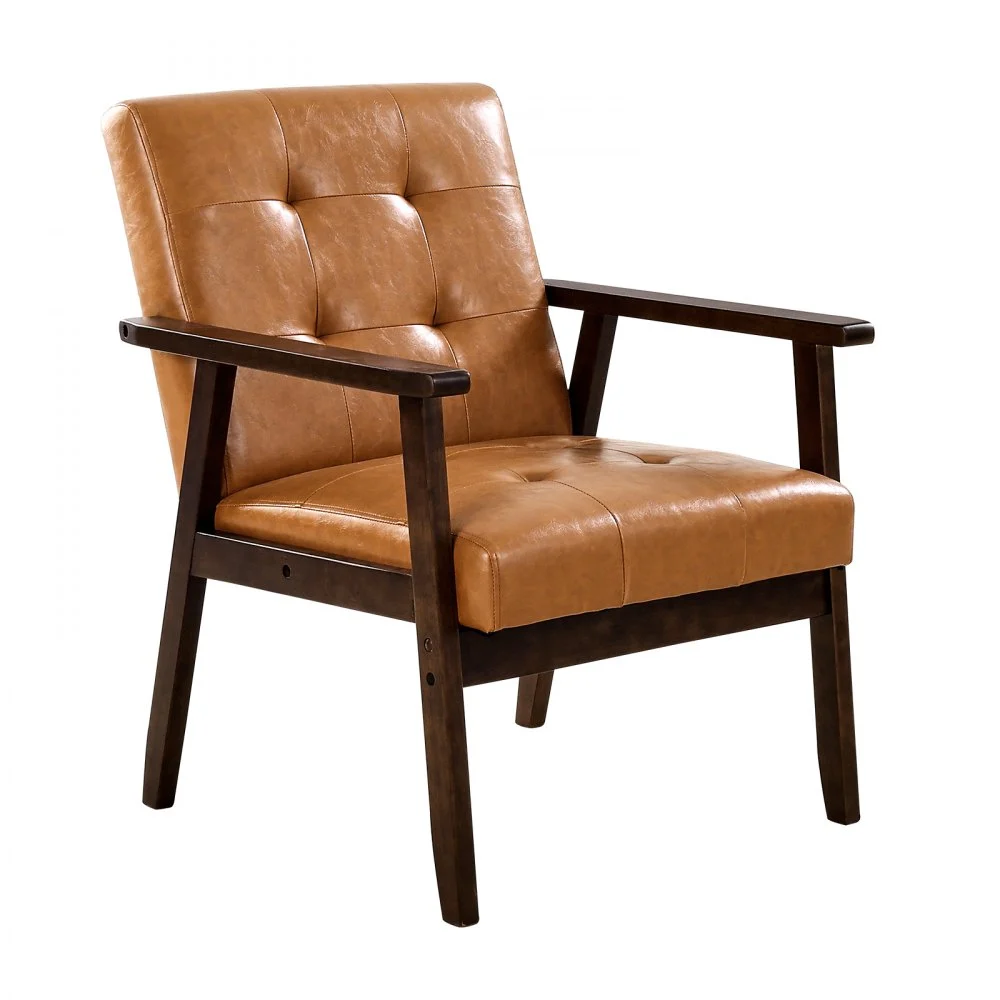 VEVOR Accent Chair, Mid Century Modern Armchair with Solid Wood Frame and Non-Slip Legs, Upholstered Leisure Chair with PU Leather and Soft Cushion, for Living Room, Bedroom, Office