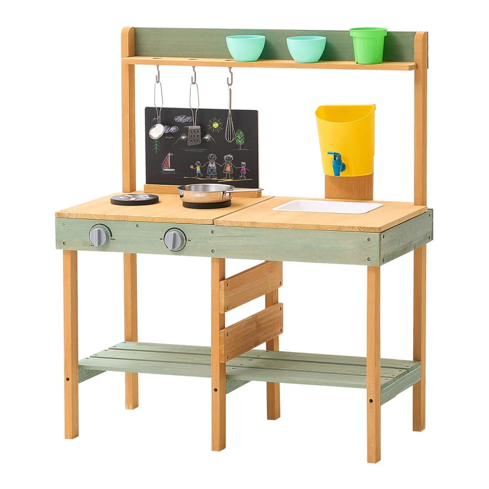 VEVOR Mud Kitchen for Kids, Wooden Toy Play Kitchen Set, Outdoor Toddler Grocery Store Playset, Pretend Play Kitchen with Planter Box, Stoves, Tank, Faucet, Blackboard, Cookware Pots and Accessories