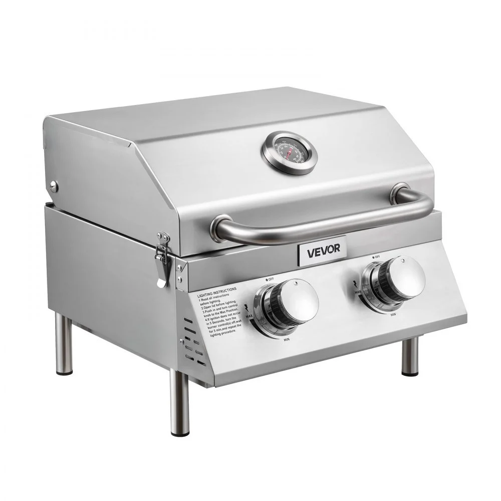 VEVOR Tabletop Gas Grill, 2-Burner Stainless Steel Portable Propane Grill, with Built-in Thermometer, Travel Locks, Weatherproof Lid, 15,000 BTU Total, for Outdoor Cooking, Patio, Party, Camping, RV