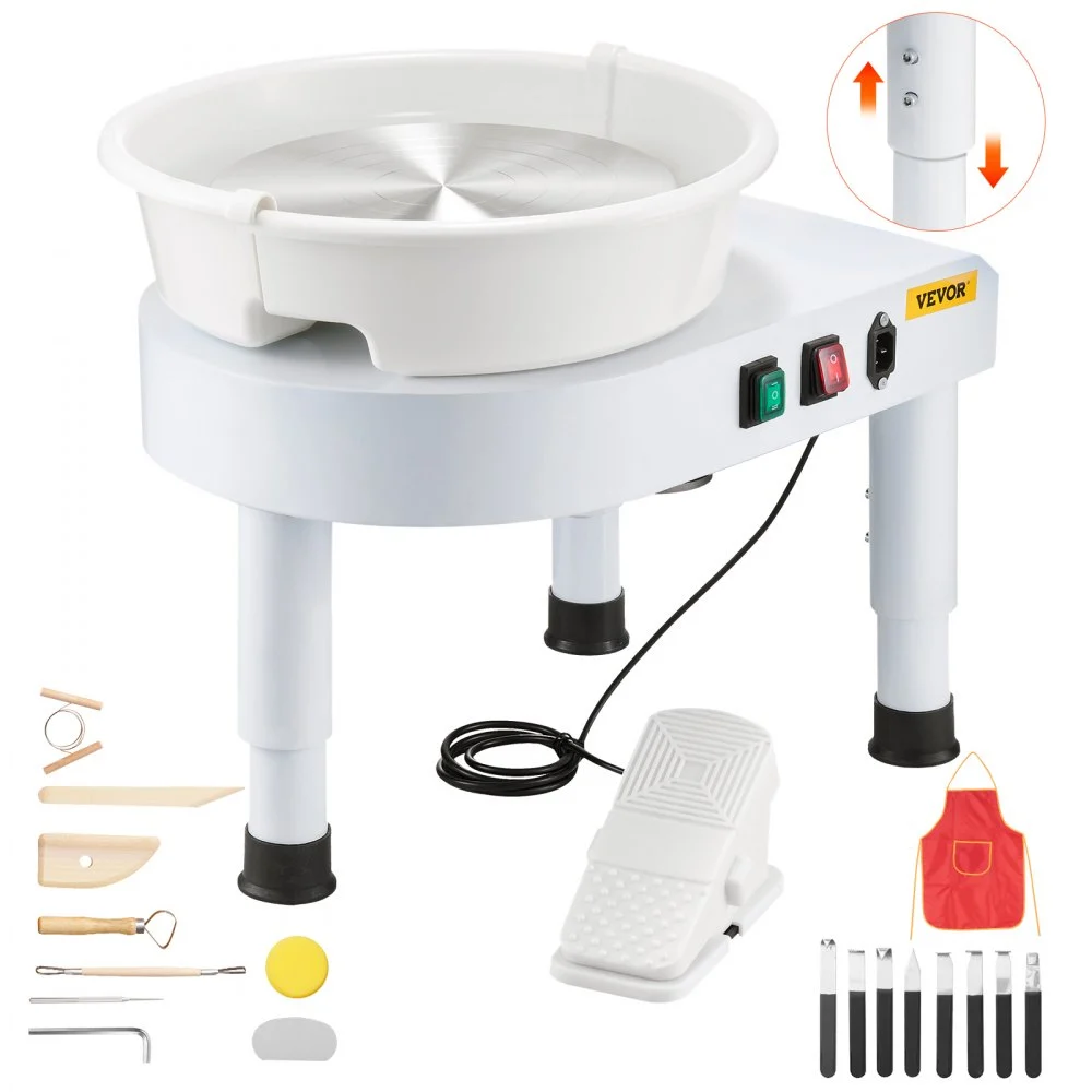 VEVOR Pottery Wheel, 11 in Ceramic Wheel Forming Machine, 60-300 RPM Speed Adjustable Foot Pedal, Adjustable Lift Leg, Detachable Basin, Complete Tool Accessory Kit for Work Art Craft DIY, White