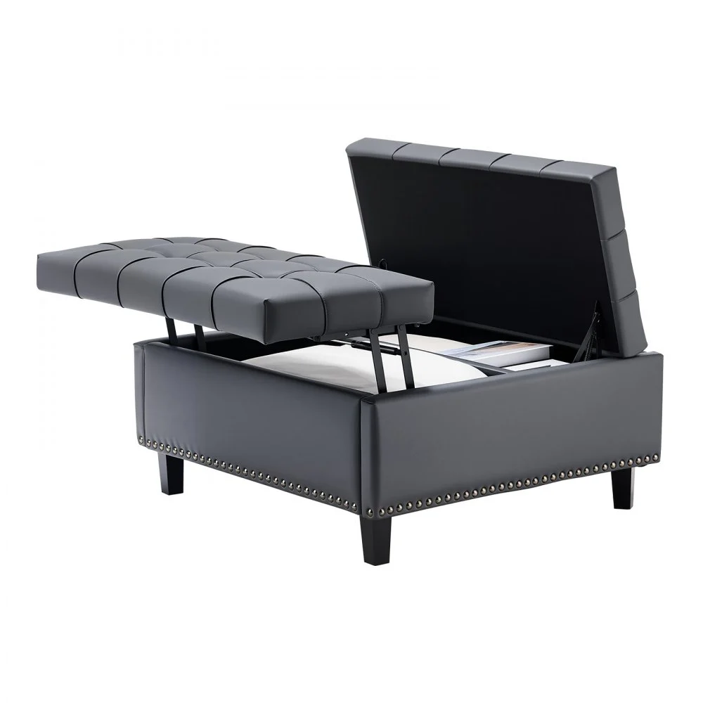 VEVOR 31 in Square Leather Ottoman with Storage, Upholstered Tufted Button Coffee Table Ottoman with Lift-Top & Flip Design, PU Leather High-Density Sponge for Living Room, Bedroom, Dorm, Grey