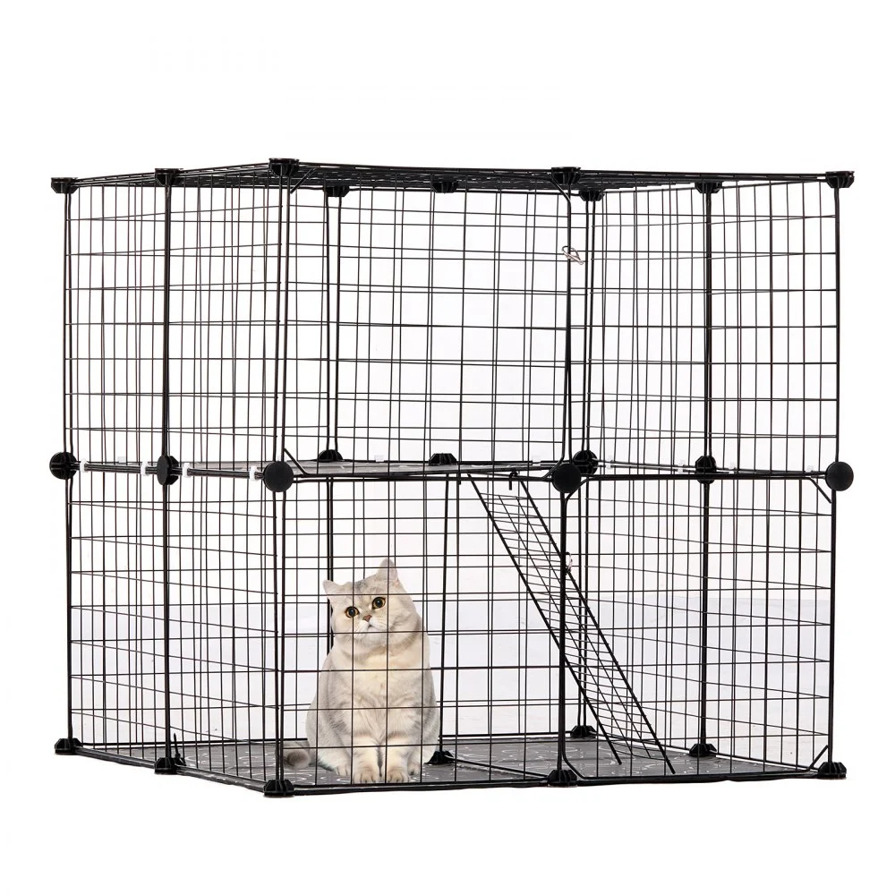 VEVOR Large 2-tier Cat Cage, 28 x 28 x 28", DIY Detachable Metal Wire Cat Enclosure, with Ramp Ladder Adjustable Resting Platform, Crate Large Indoor ＆ Outdoor Exercise Place for Small Animals, Black