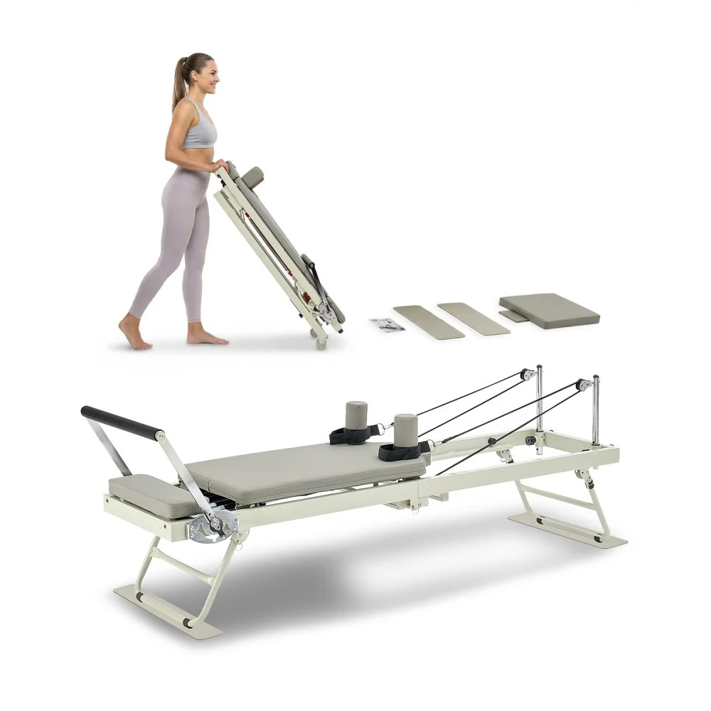 VEVOR Foldable Pilates Reformer, Pilates Workout Machine for Home Gym Studio Use, Pilates Bed with Dual Resistance- Spring & Cord, Reformer Set for Advanced Users and Beginners, Up to 400 LBS