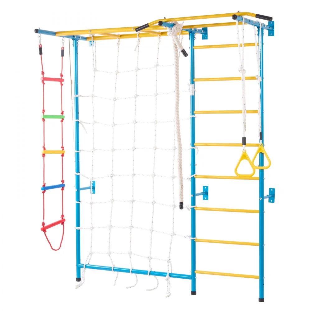 VEVOR Indoor Jungle Gym for Toddlers, 7-in-1 Climbing Playset with Carbon Steel Swedish Ladder, Wall Ladder, Pull-Up Bar, Rope Ladder, and Gymnastic Rings, Supports 220 lbs, Multicolor