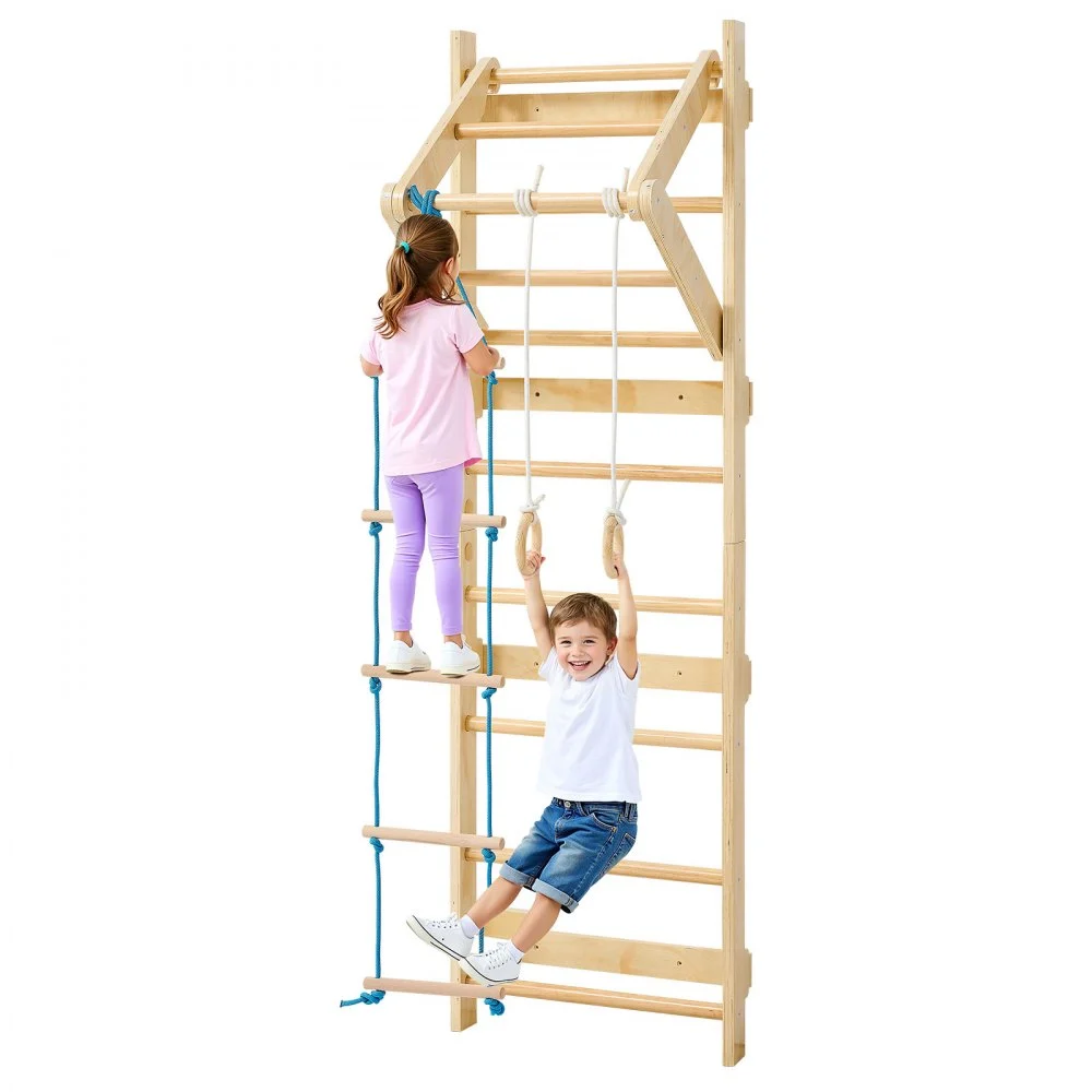 VEVOR Swedish Ladder Wall Gym, 4-in-1 8-Level Indoor Jungle Gym, 220LBS Loading Solid Wood Gymnastic Stall Bars, Indoor Playground Climbing Playset with Gym Rings, Pull-Up Bar, Rope Ladder, Wall Ladder