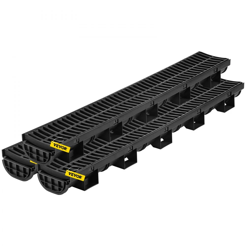 VEVOR Trench Drain System, Channel Drain with Plastic Grate, 5.7x3.1-Inch HDPE Drainage Trench, Black Plastic Garage Floor Drain, 3x39 Trench Drain Grate, with 3 End Caps, for Garden, Driveway-3 Pack