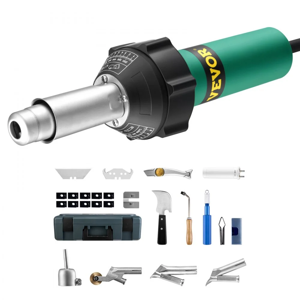 VEVOR Hot Air Plastic Welder, 1600W Hot Air Torch Pistol, 122-1112℉ PVC TPO Vinyl Heat Gun Welding Torch, Plastic Roofing Welding Kit with 14 Accessories- Toolbox, Nozzle, Roller, Blades for PP/PE/PVC