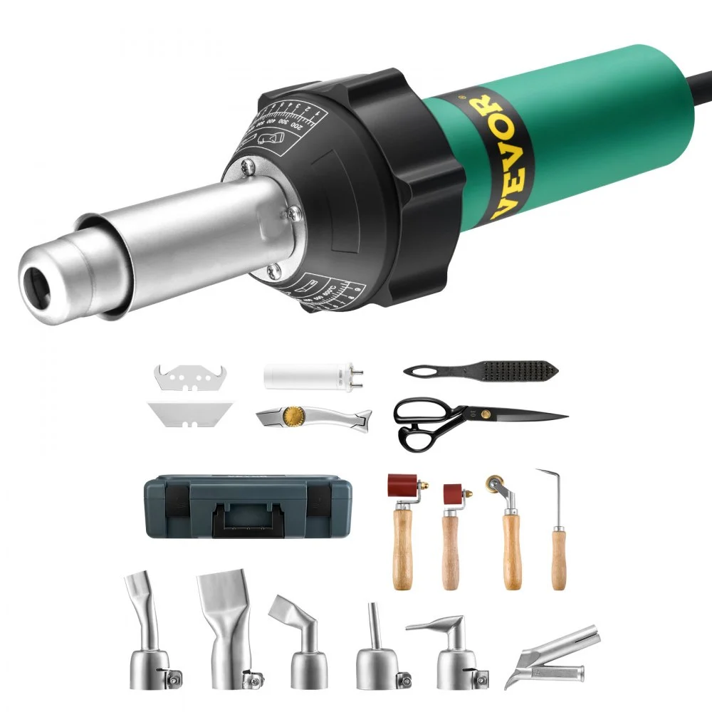 VEVOR Hot Air Plastic Welder, 1600W Hot Air Torch Pistol, 122-1112℉ PVC TPO Vinyl Heat Gun Welding Torch, Plastic Roofing Welding Kit with 17 Accessories- Toolbox, Nozzle, Roller, Blades for PP/PE/PVC