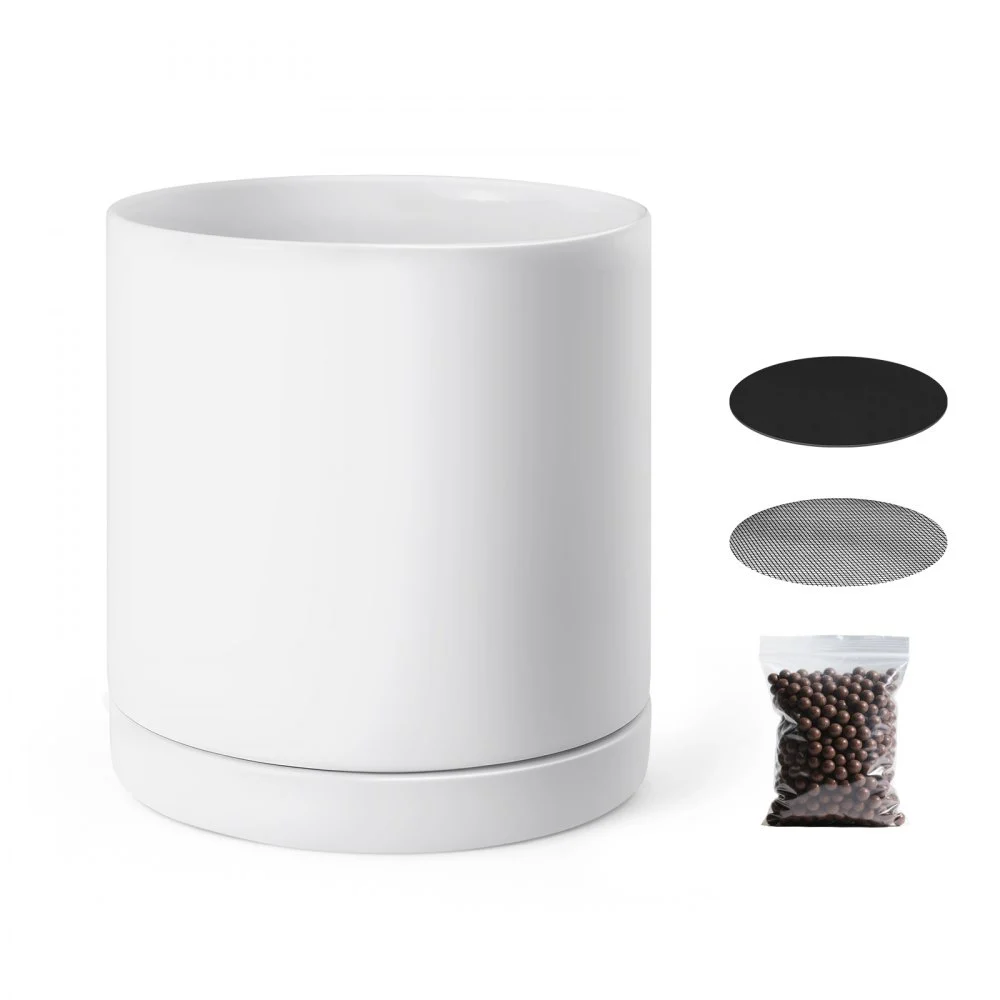 VEVOR Plant Pot, 12-Inch Large Cylinder Planter with Drainage Holes, Non-Slip Pads & Detachable Saucer, Modern Ceramic Flower Pots, Indoor and Outdoor Tree Planter Pot, Home & Office Decorations