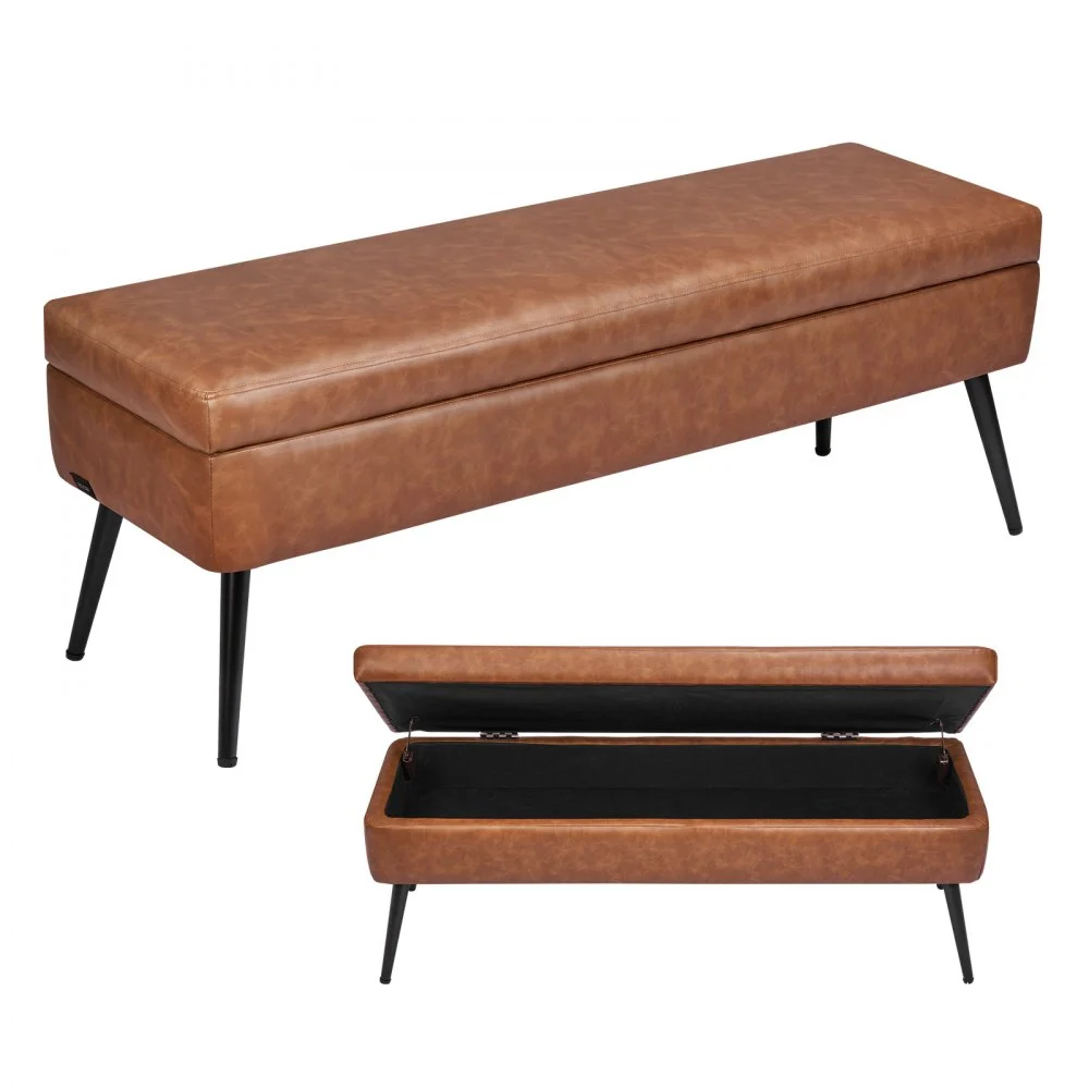 VEVOR Leather Storage Ottoman Bench, PU Leather Bench with Storage and Metal Legs, Upholstered Shoe Benches Seat for Entryway, Modern End of Bed Benches for Living Room, Dining Room, Hallway, Brown