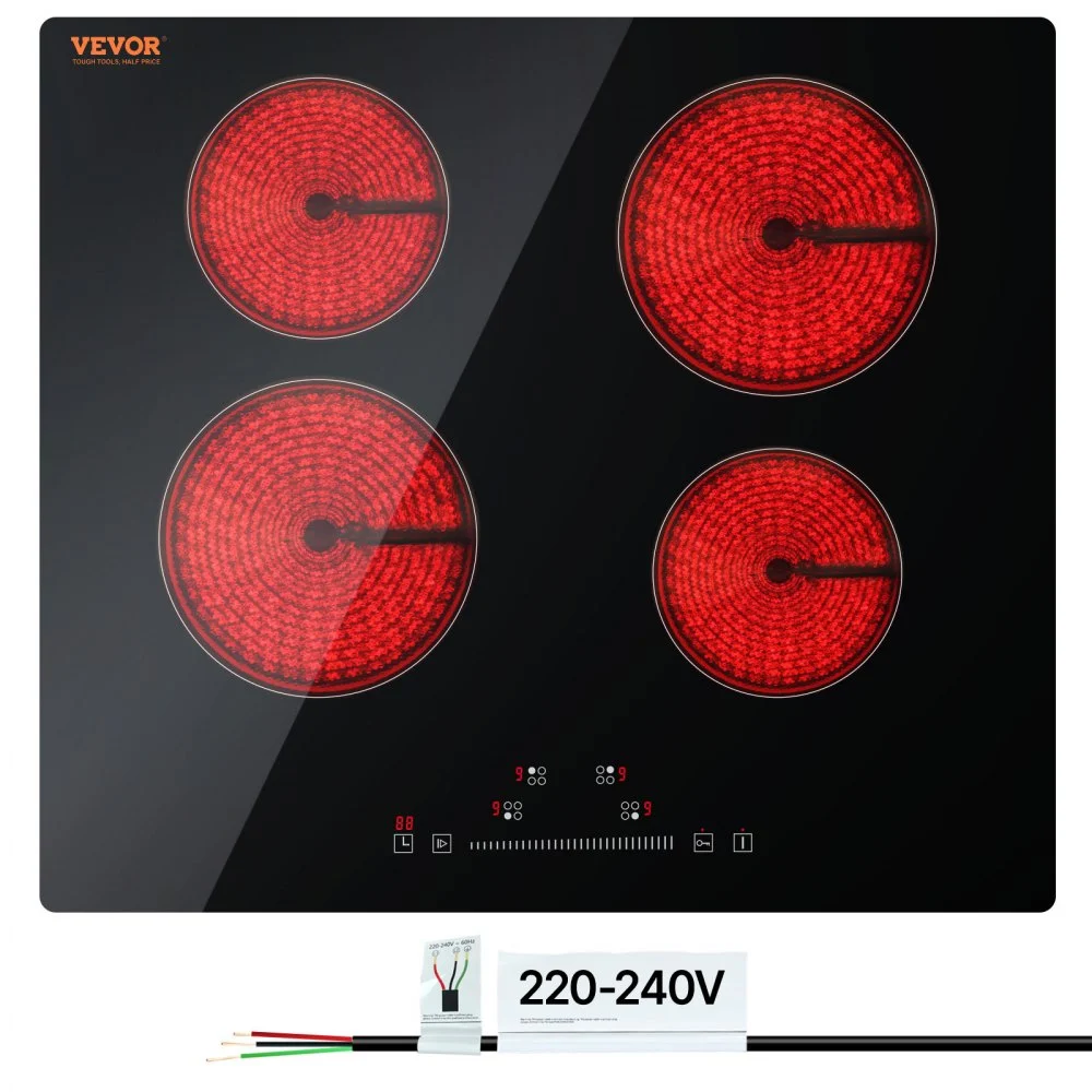 VEVOR Built in Electric Stove Top, 23.2 x 20.5 inch 4 Burners, 240V Glass Radiant Cooktop with Sensor Touch Control, Timer & Child Lock Included, 9 Power Levels for Simmer Steam Slow Cook Fry