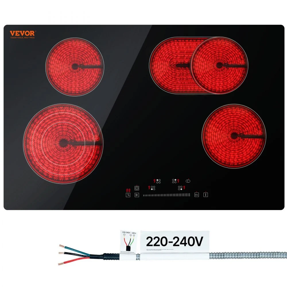 VEVOR Built in Electric Stove Top, 30.3 x 20.5 inch 4 Burners, 240V Glass Radiant Cooktop with Sensor Touch Control, Timer & Child Lock Included, 9 Power Levels for Simmer Steam Slow Cook Fry