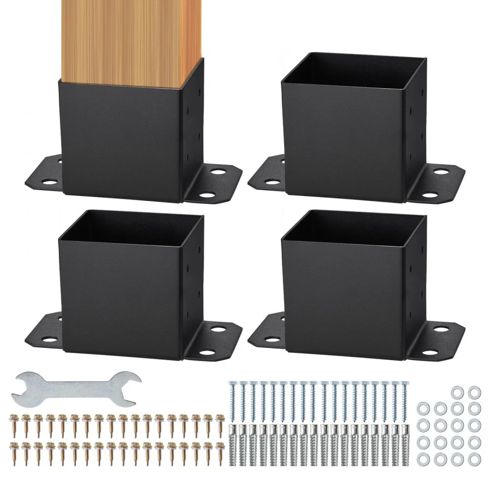 VEVOR 6x6 Post Base 4 Pcs, Inner Size 5.6"x5.6" Post Base Brackets, Heavy Duty Powder-Coated Post Anchor Matte Black Wood Post Brackets for Pavilion Deck Railing Support Deck Base Plate