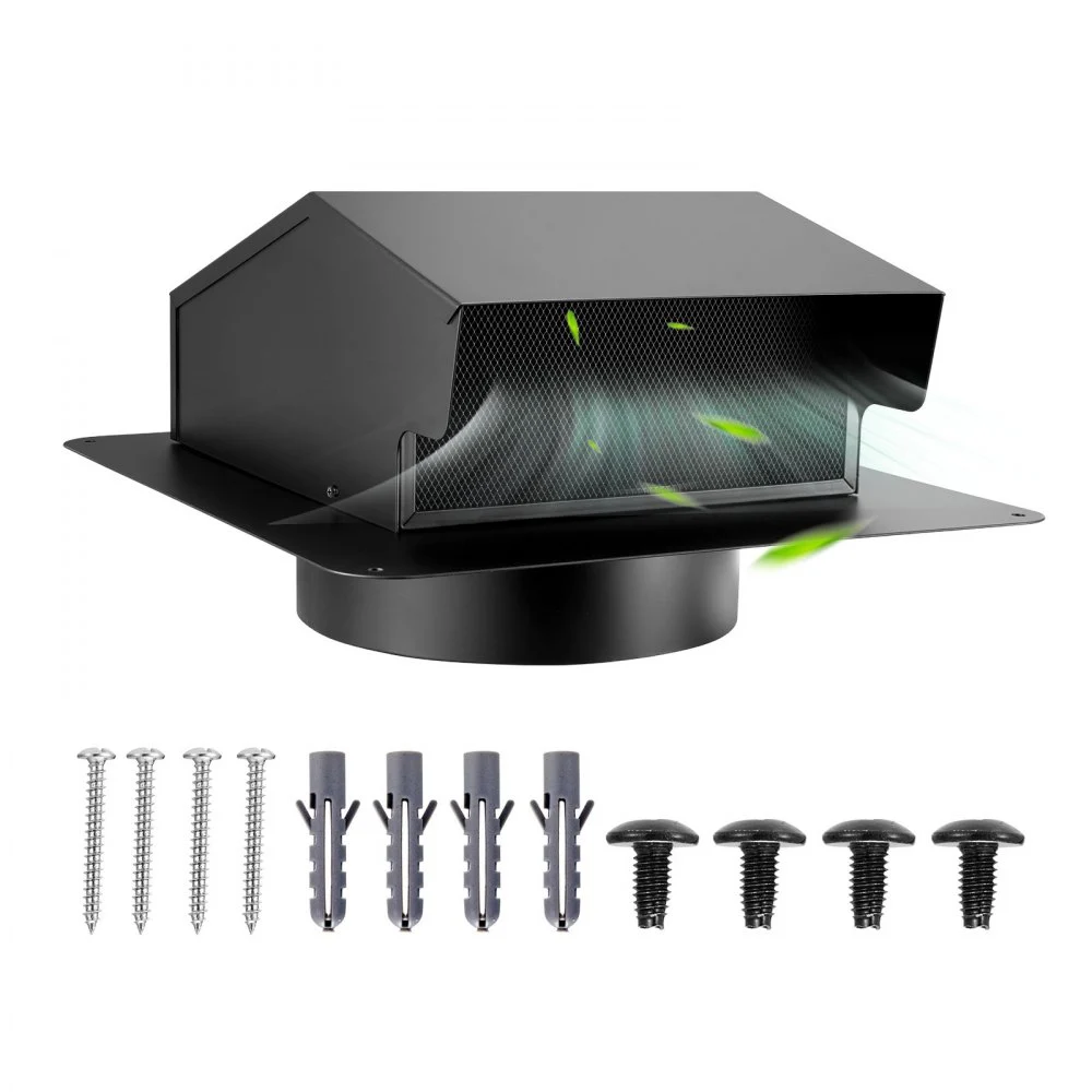 VEVOR 6 inch Hooded Wall Vent Cover, Square AC Vent Gable Cover, Premium SPCC Steel & with Built-in a Protection Screen, for Roofs,Walls,Outside Duct Exhaust Outlets (1 Pack, Black)