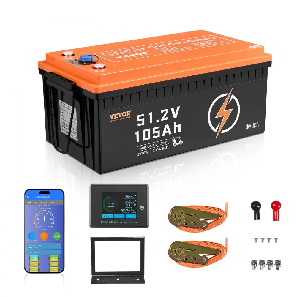 Summer Sale
VEVOR 48V 105Ah Golf Cart Lithium Battery, 48 Volt Golf Cart Battery with 200A BMS, LCD Monitor and Mobile APP, LiFePO4 Battery with 600A Peak Current, ABS Shell and 4000+ Cycles, for Golf Carts