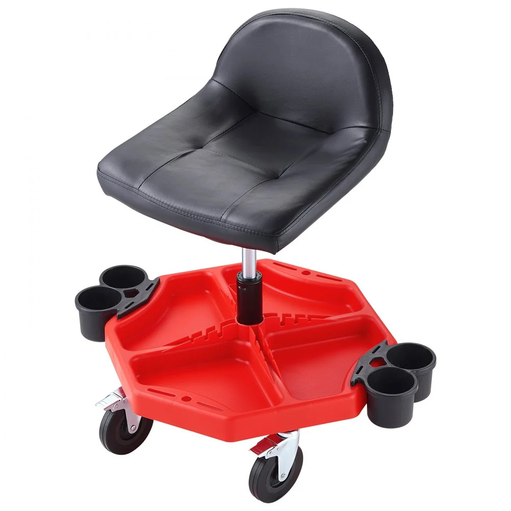 VEVOR Rolling Garage Stool, Adjustable Height, 17 x 15 in Comfort Cushion,Round Shop Stool with Parts Tray,All-Terrain 5" Casters with Two Brakes Mechanic Roller Seat