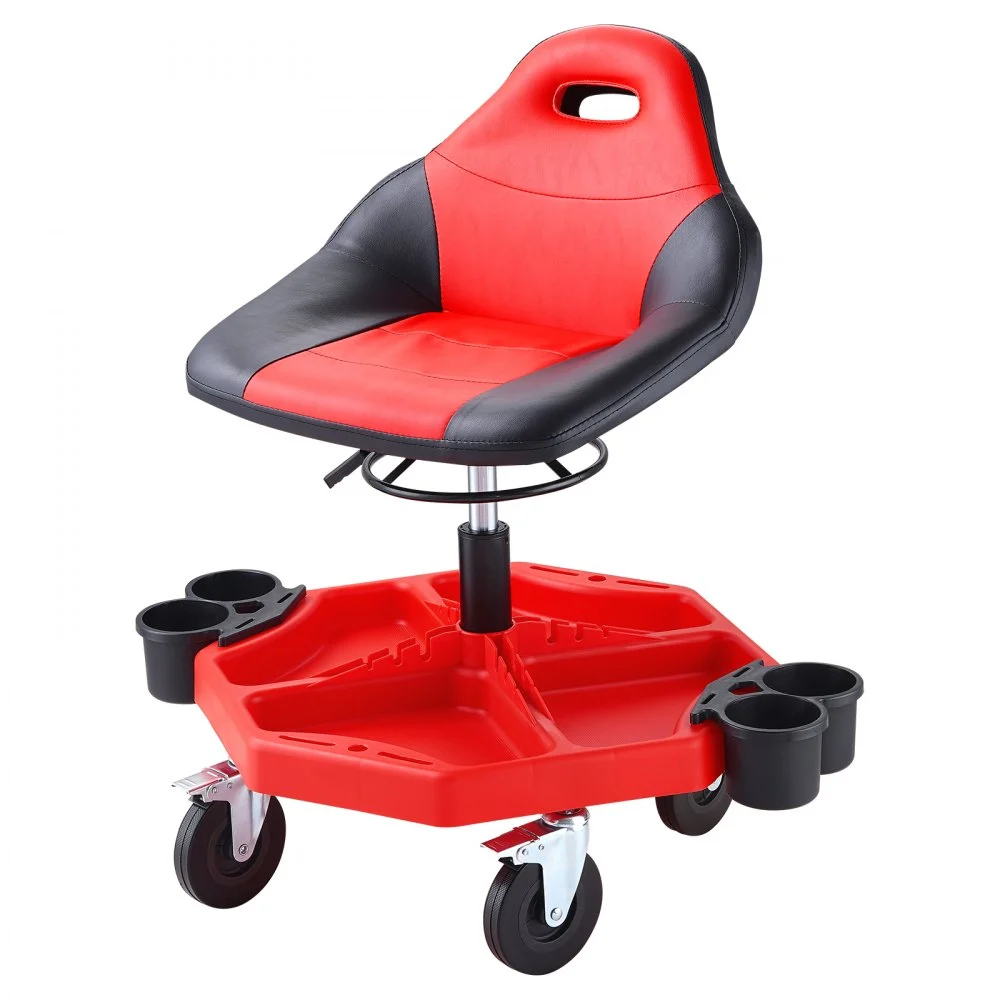 VEVOR Rolling Garage Stool, 300LBS Capacity, 19"-24" Adjustable Height Range, Mechanic Seat with Swivel Casters and Tool Tray, for Workshop, Auto Repair Shop, Red