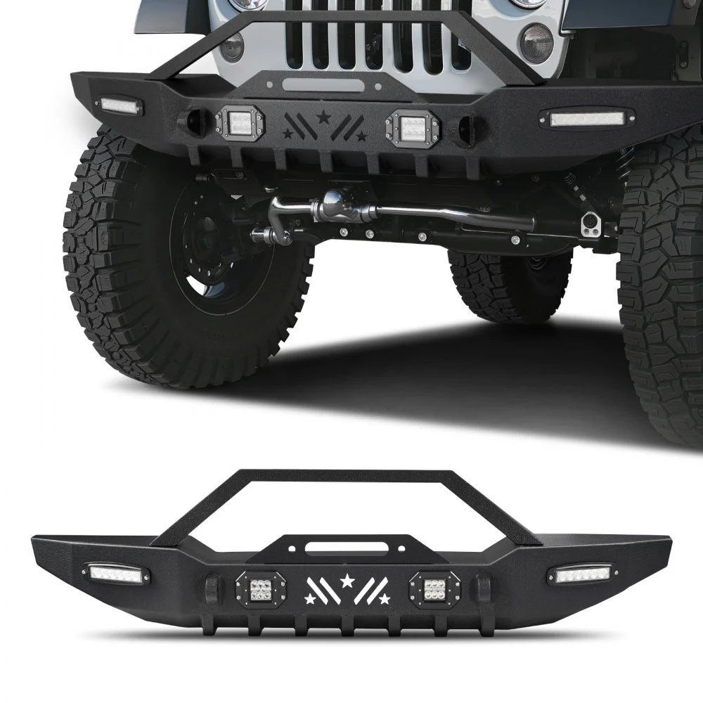 VEVOR Front Bumper Compatible with 1987-2006 Jeep Wrangler YJ TJ, Heavy-Duty Steel Front Bumper with 2PCS LED Light Bars, 2PCS LED Work Lights, Winch Plate & D-Rings Mounts