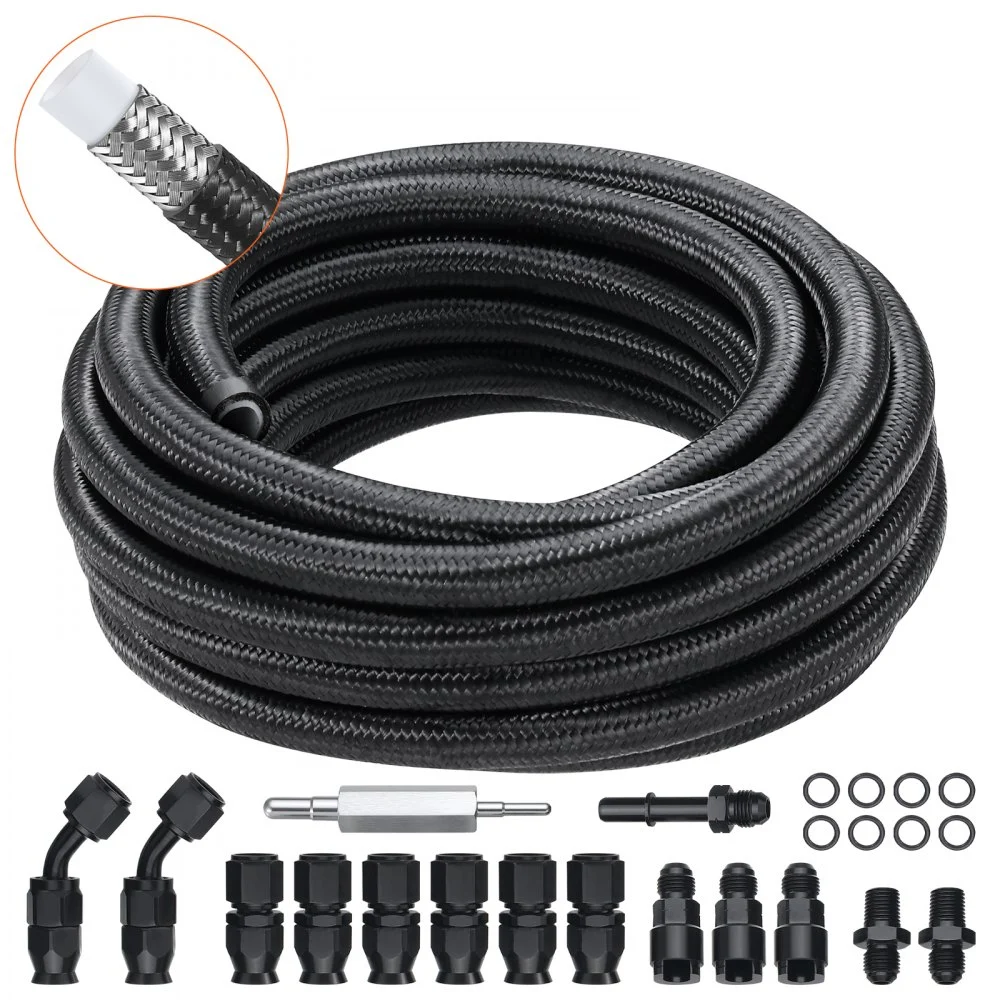 VEVOR 6AN Fuel Line Kit, 25 FT Fuel Hose Kit, 5/16" Nylon Stainless Steel Braided PTFE Fuel Line Kit, E85/Oil/Gas/Diesel Hose End Fitting Kit, with 15 PCS Swivel Fitting Adapter Kit, Black